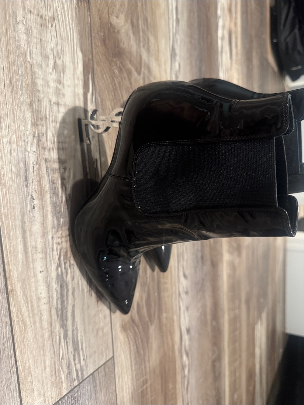 saint laurent Women's Black Patent Ankle Boots with Logo Heel